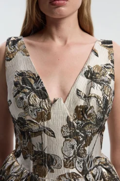 Robe Midi Crayon Bustier à Décolleté Plongeant en Jacquard Fleuri