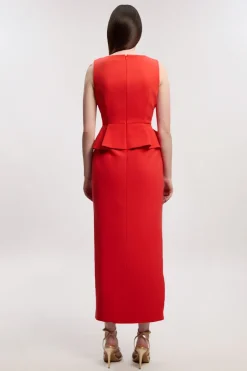 Robe Midi Crayon Ceinturée À Basque Volantée En Maille Stretch Compacte