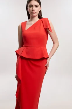 Robe Midi Crayon Ceinturée À Basque Volantée En Maille Stretch Compacte