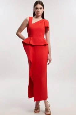 Robe Midi Crayon Ceinturée À Basque Volantée En Maille Stretch Compacte
