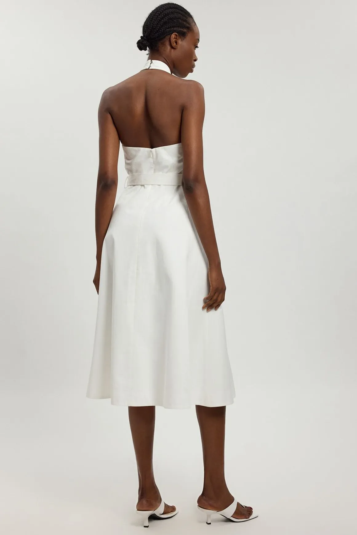 Robe Midi Crayon Cintrée En Satin De Coton Avec Ceinture Petite