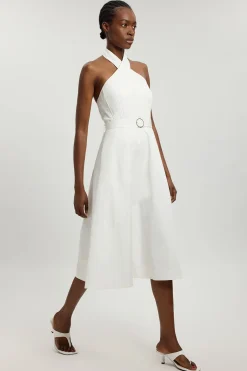 Robe Midi Crayon Cintrée En Satin De Coton Avec Ceinture Petite