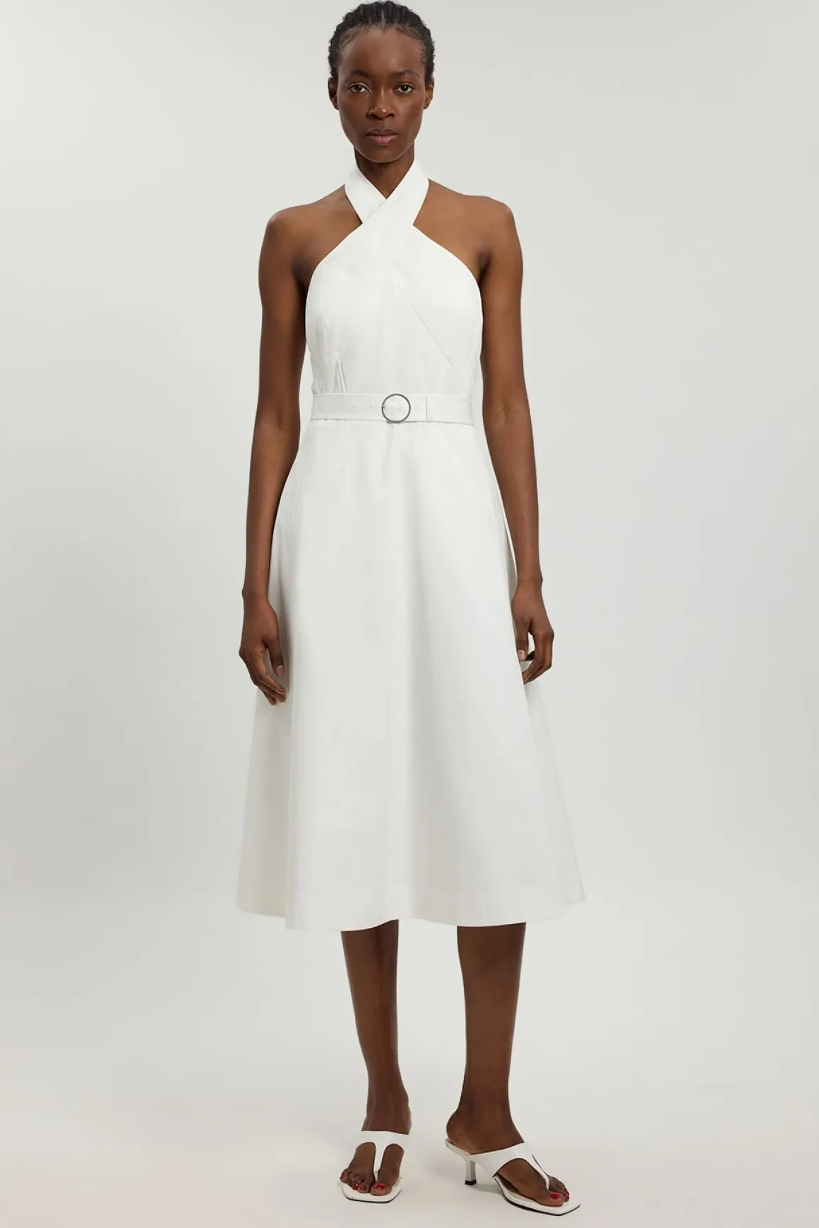 Robe Midi Crayon Cintrée En Satin De Coton Avec Ceinture Petite