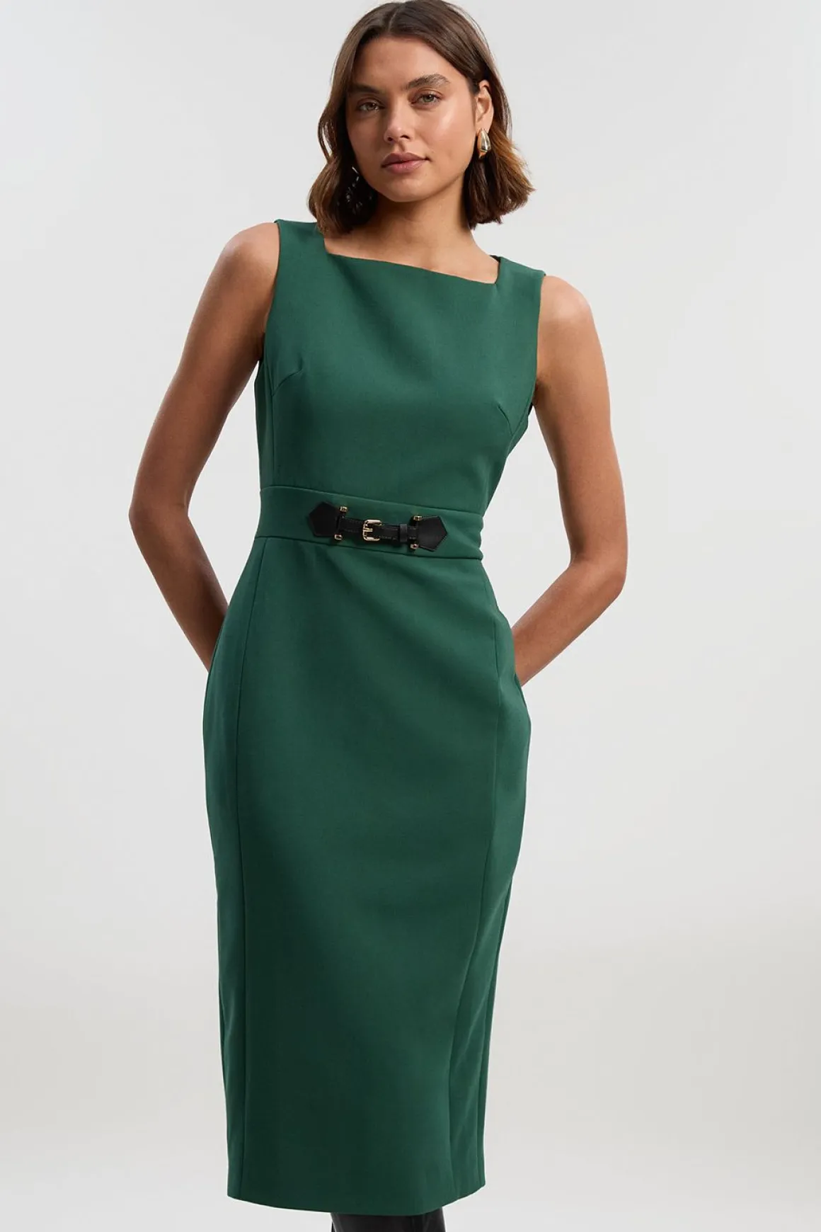 Robe Midi Crayon Compacte Essentielle à Taille Patte