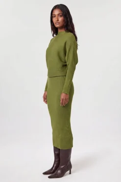 Robe Midi Crayon en Maille Drapée Fluide à Manches Chauve-Souris