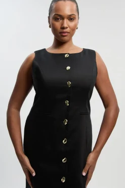 Robe Midi Crayon Grande Taille En Lin Ajusté Avec Boutons Décoratifs Devant