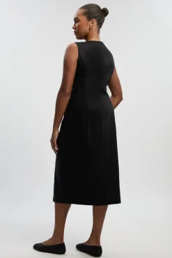Robe Midi Crayon Grande Taille En Lin Ajusté Avec Boutons Décoratifs Devant