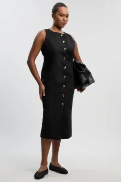 Robe Midi Crayon Grande Taille En Lin Ajusté Avec Boutons Décoratifs Devant