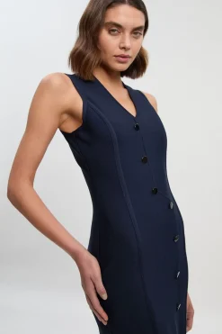Robe Midi Crayon Moulante à Bandage avec Boutonnage