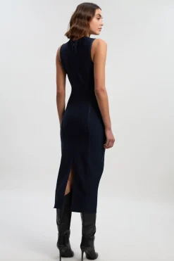 Robe Midi Crayon Moulante à Bandage avec Boutonnage