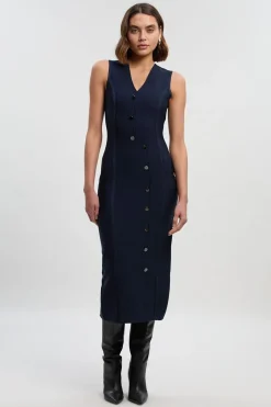 Robe Midi Crayon Moulante à Bandage avec Boutonnage