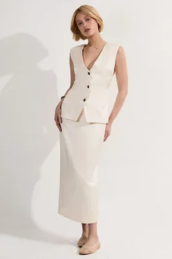 KarenMillen Robe midi crayon à volants en viscose et lin haut de gamme coupée sur mesure<Femme Tailleurs|Toutes Les Robes