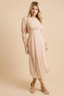 Robe Midi Crème À Carreaux Avec Poignets Froncés