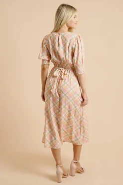 Robe Midi Crème À Carreaux Avec Poignets Froncés