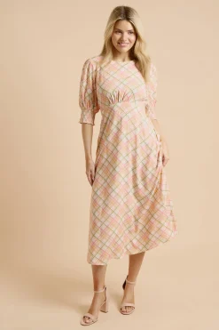 Robe Midi Crème À Carreaux Avec Poignets Froncés