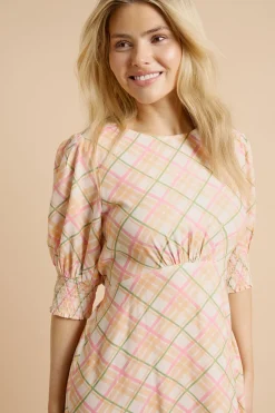 Robe Midi Crème À Carreaux Avec Poignets Froncés