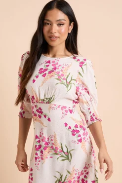 Robe Midi Crème À Fleurs Avec Poignets Froncés Petite Taille