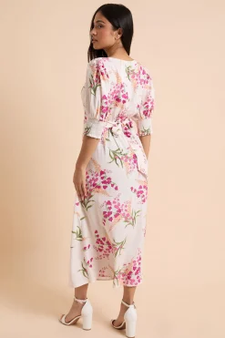 Robe Midi Crème À Fleurs Avec Poignets Froncés Petite Taille