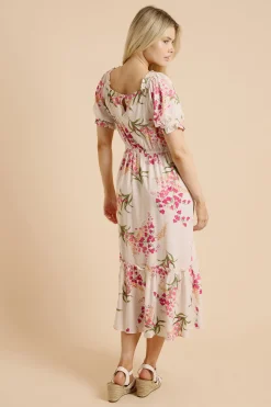 Robe Midi Crème À Imprimé Floral Avec Boutons Devant Et Manches Bouffantes À Volants