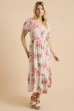 Robe Midi Crème À Imprimé Floral Avec Boutons Devant Et Manches Bouffantes À Volants