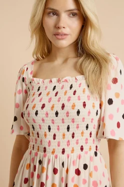 Robe Midi Crème À Pois Avec Corsage Froncé Et Manches Volantées
