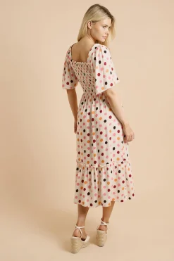 Robe Midi Crème À Pois Avec Corsage Froncé Et Manches Volantées