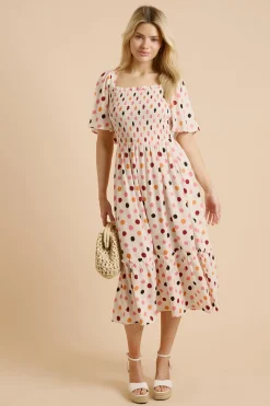 Robe Midi Crème À Pois Avec Corsage Froncé Et Manches Volantées