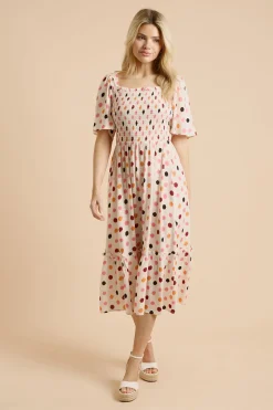 Robe Midi Crème À Pois Avec Corsage Froncé Et Manches Volantées