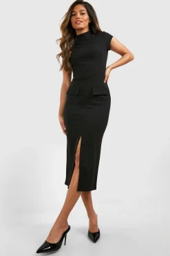 Robe Midi Crêpe à Col Haut et Détail de Poche