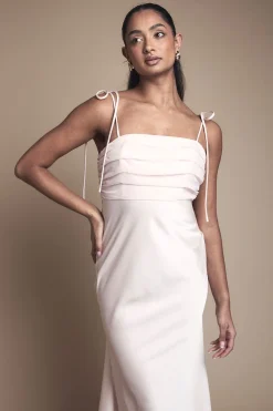 Robe Midi de Demoiselle d'Honneur en Satin Chiffon Mix avec Bretelles Nouées