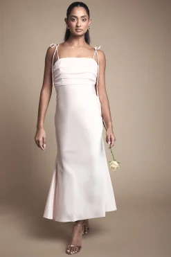 Robe Midi de Demoiselle d'Honneur en Satin Chiffon Mix avec Bretelles Nouées