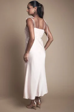 Robe Midi de Demoiselle d'Honneur en Satin Chiffon Mix avec Bretelles Nouées