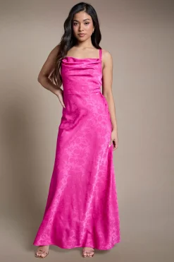 Robe Midi De Demoiselle D'honneur Petite Taille Rose Vif À Encolure Drapée Et Double Bretelles En Jacquard Satiné