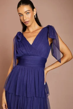 Robe Midi De Demoiselle D'honneur En Tulle À Volants Avec Bretelles Nouées