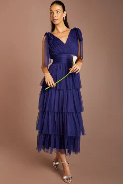 Robe Midi De Demoiselle D'honneur En Tulle À Volants Avec Bretelles Nouées