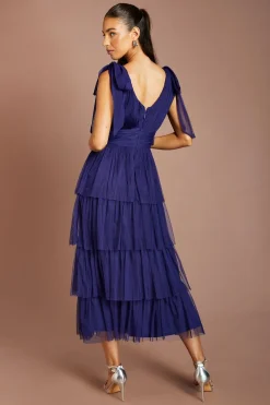 Robe Midi De Demoiselle D'honneur En Tulle À Volants Avec Bretelles Nouées