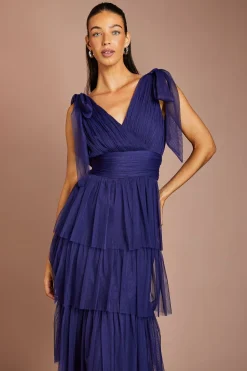 Robe Midi De Demoiselle D'honneur En Tulle À Volants Avec Bretelles Nouées