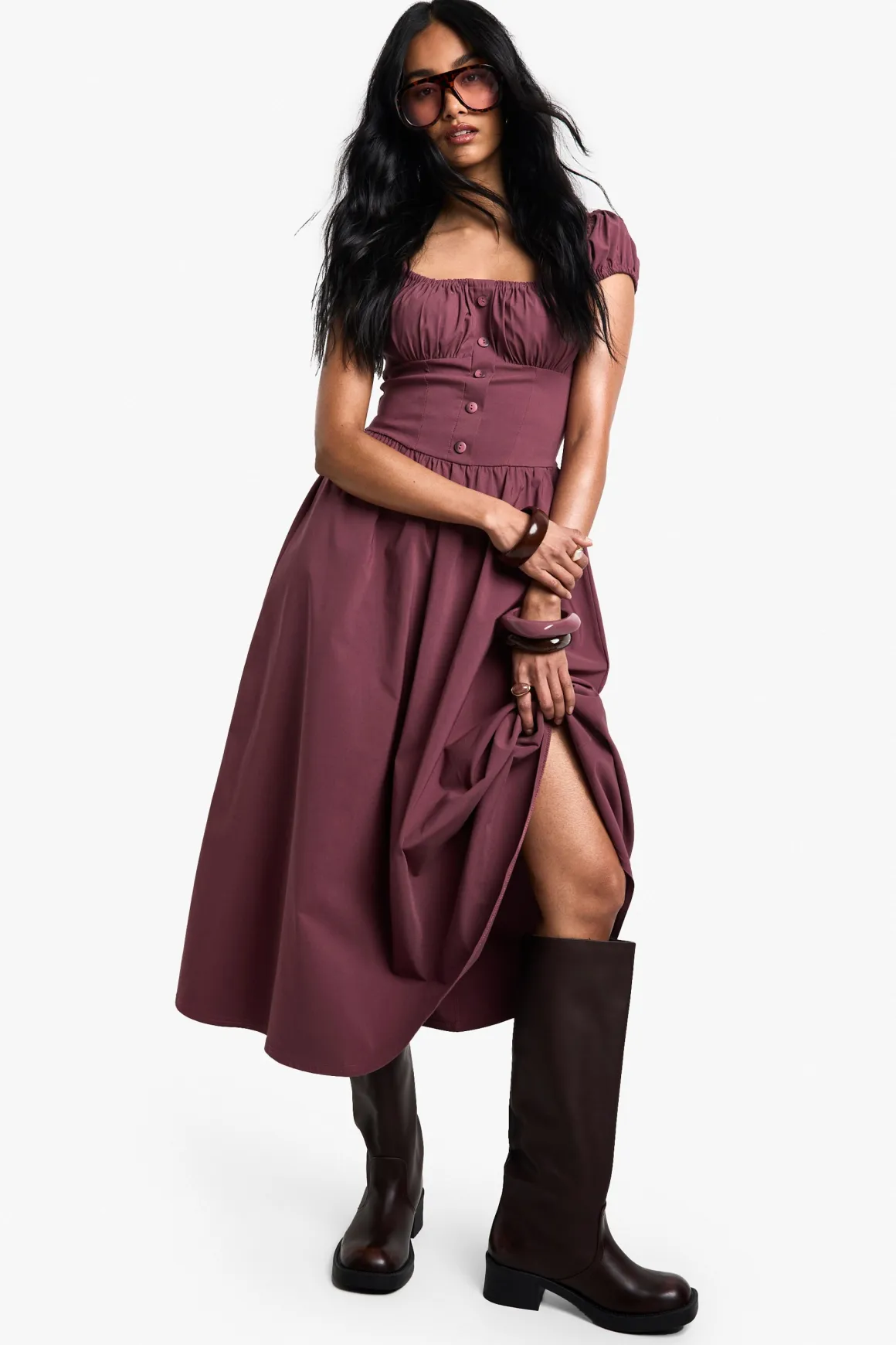 Robe Midi de Fermière à Manches Bouffantes