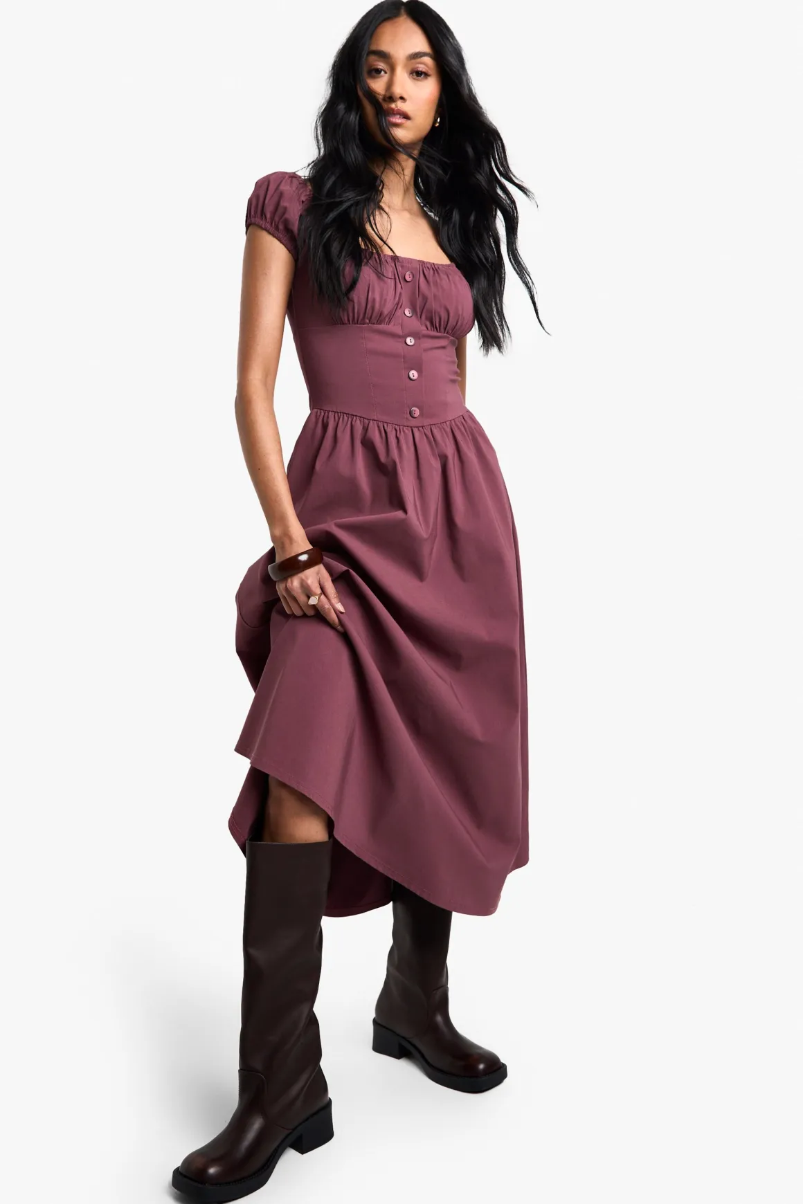 Robe Midi de Fermière à Manches Bouffantes