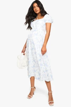Robe midi de maternité en bengaline, manches bouffantes, imprimé porcelaine style laitière