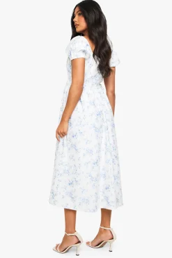 Robe midi de maternité en bengaline, manches bouffantes, imprimé porcelaine style laitière