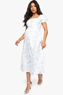Robe midi de maternité en bengaline, manches bouffantes, imprimé porcelaine style laitière