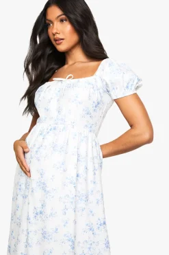 Robe midi de maternité en bengaline, manches bouffantes, imprimé porcelaine style laitière