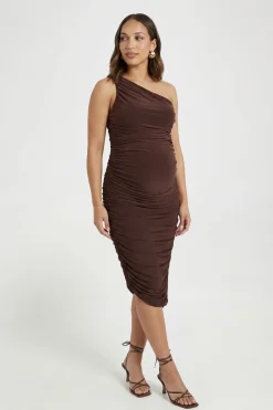 boohoo Robe Midi De Maternité En Double Slinky Avec Détail Torsadé Et Fronces<Femme Looks Chocolat|Robes Mi-Longues