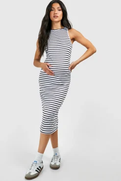 boohoo Robe midi de maternité rayée à col rasoir<Femme Robes Mi-Longues|Robes Moulantes