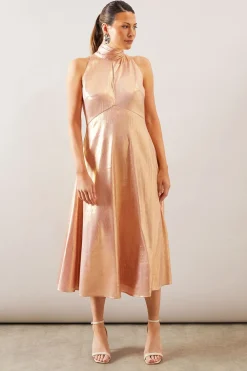 Robe Midi d'Occasion à Col Noué Métallisé