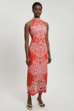 KarenMillen Robe Midi Dos-nu En Coton Tissé Avec Broderie Ajourée<Femme Robes Mi-Longues|Robes