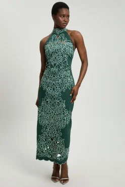 Robe Midi Dos-nu En Coton Tissé À Découpes Ajourées