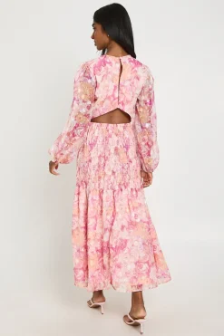 Robe Midi À Dos Ouvert Froncé Et Imprimé Floral Jacquard