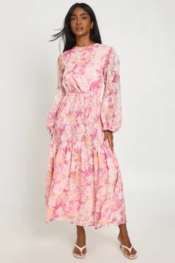 Robe Midi À Dos Ouvert Froncé Et Imprimé Floral Jacquard